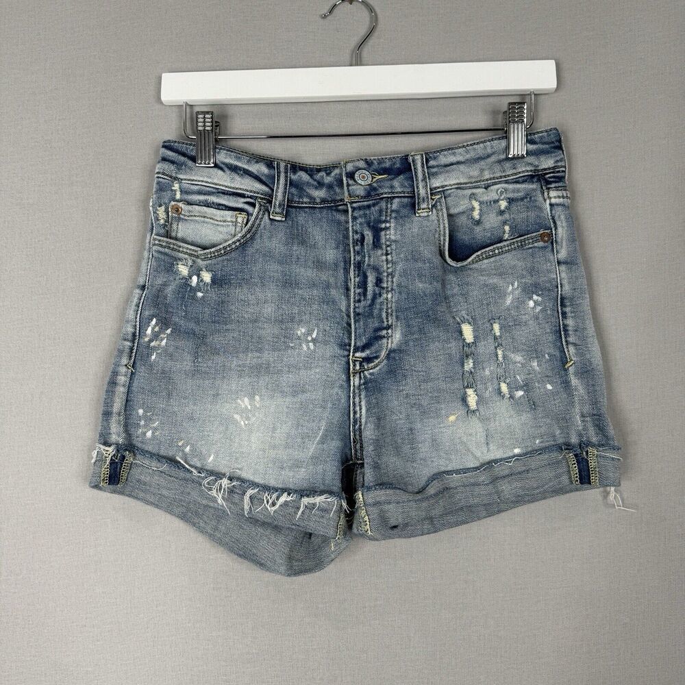 Pilcro Anthro Womens Jean Shorts 27 Blue Paint Splatter Button Fly Distressed